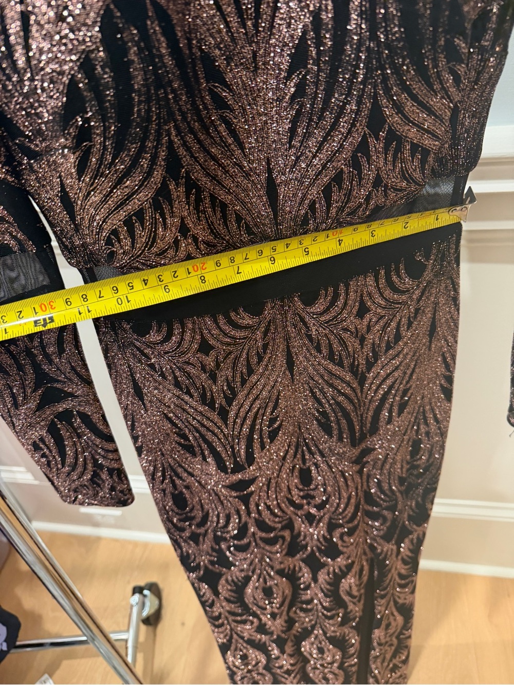 Betsy and Adam Long Sleeve Black and Rose Rose Gold Sparkle Evening Dress 4 - Picture 7 of 14